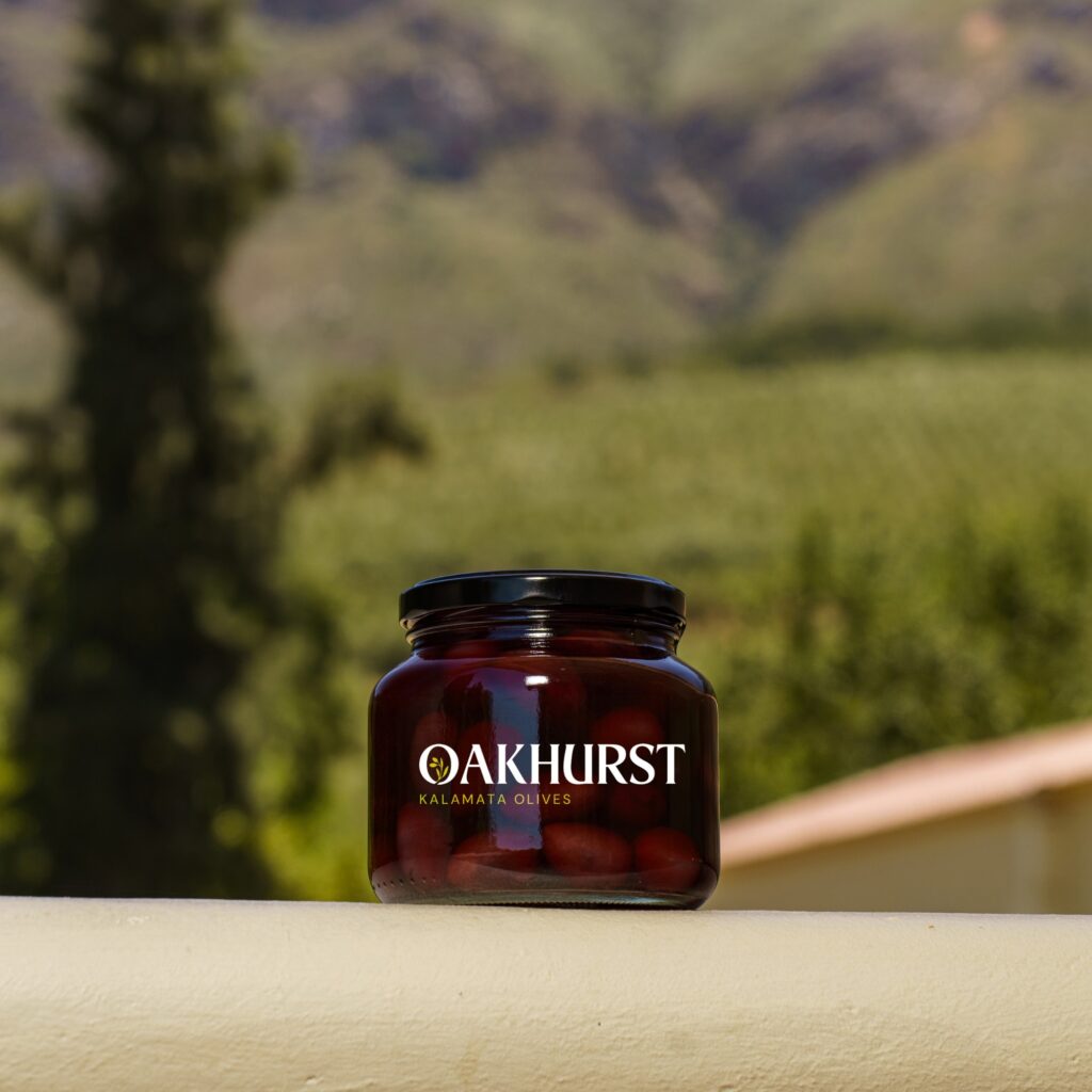 Oakhurst Olives’ Kalamata olives in brine styled in a jar on the Tulbagh farm